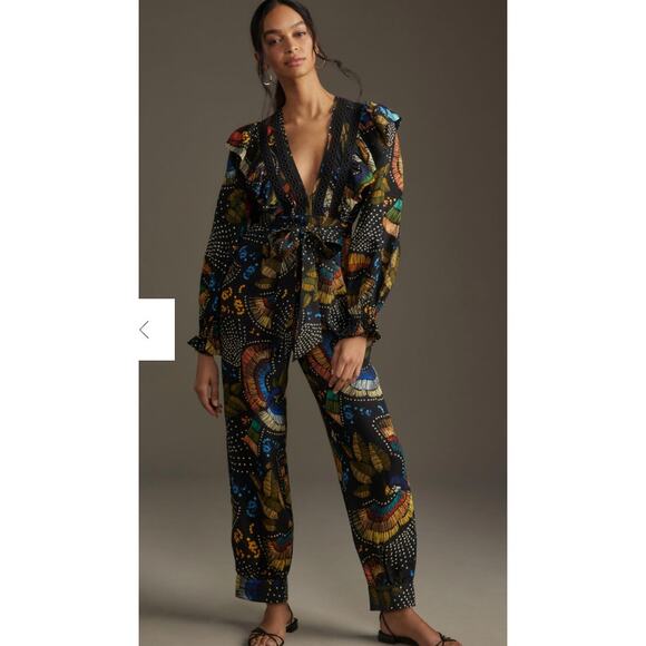 Farm Rio x Anthropologie V-Neck Ruffle Printed Jumpsuit XS